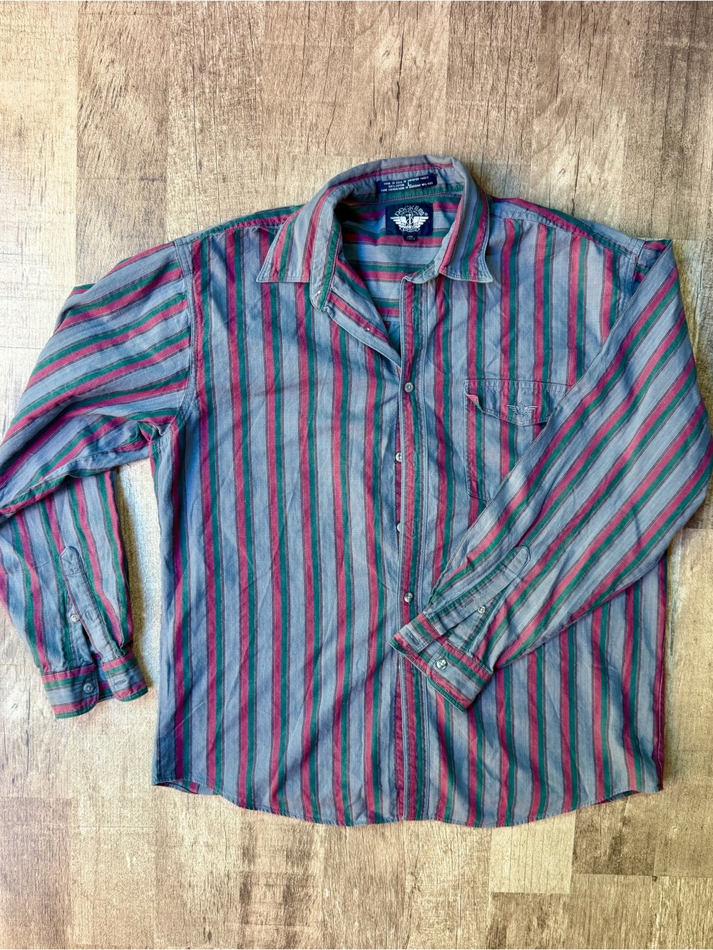 Vintage Dockers Vertical Stripe Long Sleeve Button Down Shirt Grey Red Green